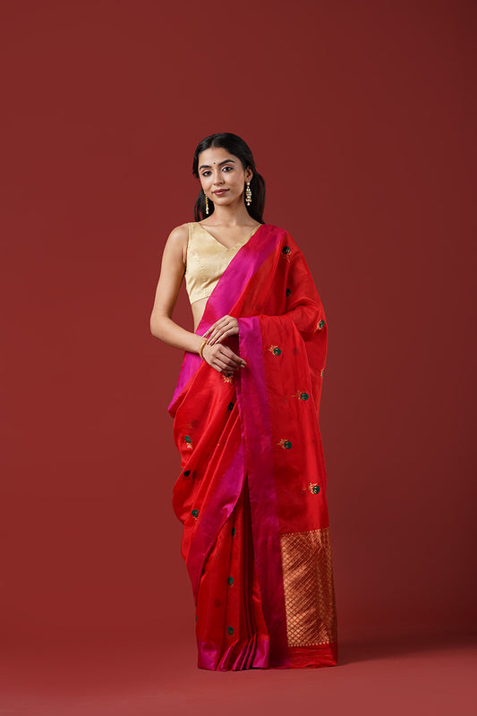Red Chanderi Pure Silk Meenakari Saree with Resham Border (with blouse piece)
