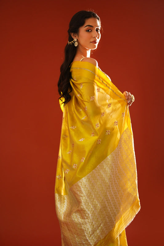 Golden Yellow Chanderi Pure Silk Meenakari Saree with Resham Border (with blouse piece)