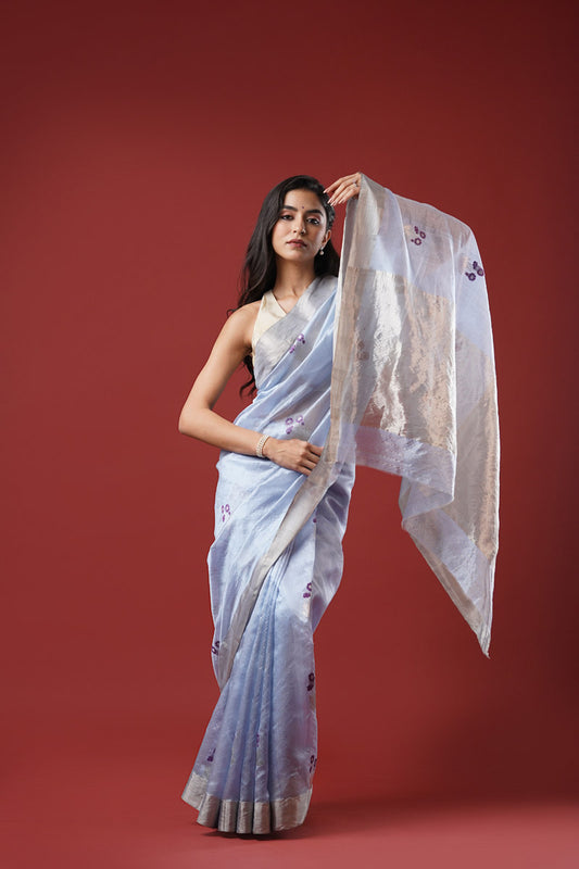 Bluish Grey Chanderi Pure Silk Meenakari Saree (with blouse piece)