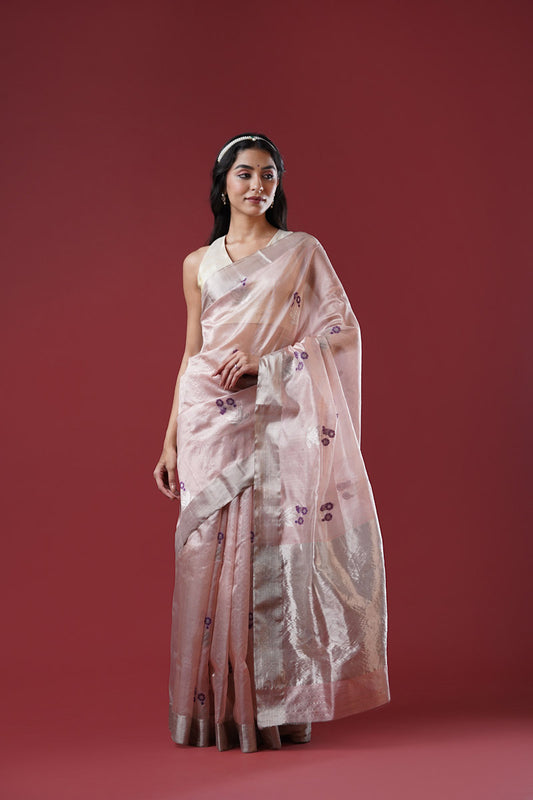 Peach Chanderi Pure Silk Meenakari Saree (with blouse piece)