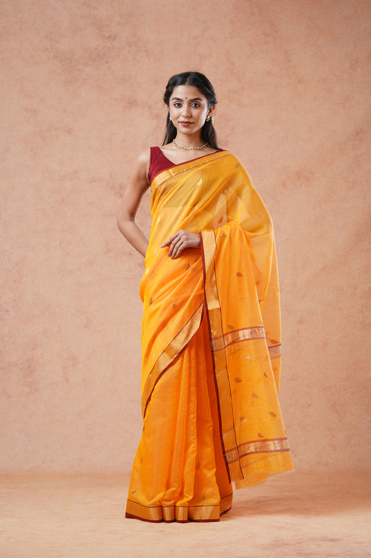 Mustard Yellow Chanderi Cotton Silk Eknaliya Butti Saree (with blouse piece)
