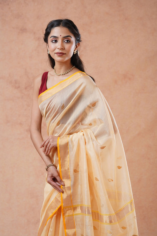 Beige Chanderi Cotton Silk Eknaliya Butti Saree (with blouse piece)