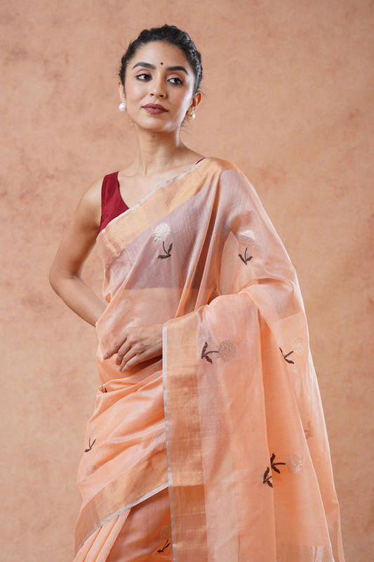 Peach Chanderi Cotton Silk Saree with Meenakari (with blouse piece)