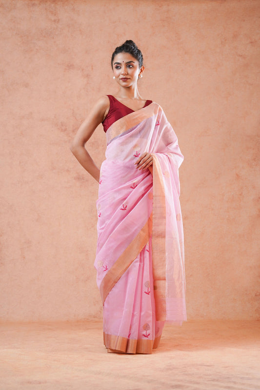 Light Pink Chanderi Cotton Silk Saree with Meenakari (with blouse piece)