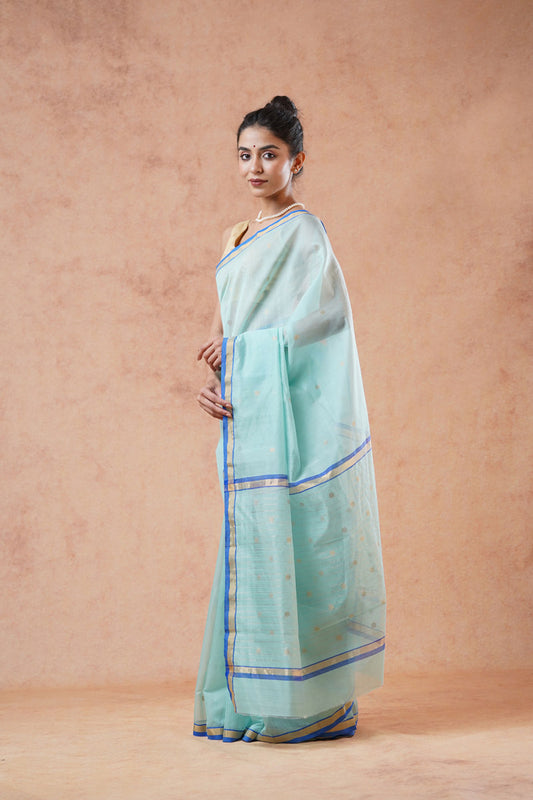 Sea Green Chanderi Cotton Silk Saree with Butti & Contrast border  (with blouse piece)