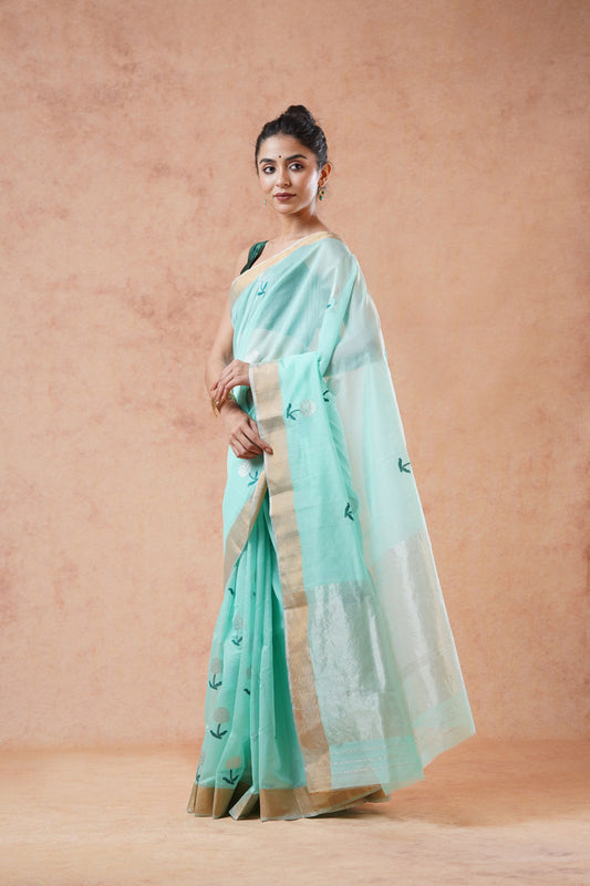 Sea Green Chanderi Cotton Silk Saree with Meenakari (with blouse piece)