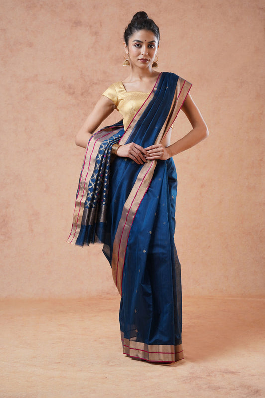 Teal Blue Chanderi Cotton Silk Saree with Jaal Pallu (with blouse piece)