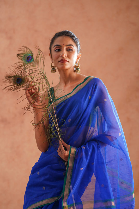 Royal Blue Chanderi Cotton Silk Saree with Peacock Pallu Design (with blouse piece)