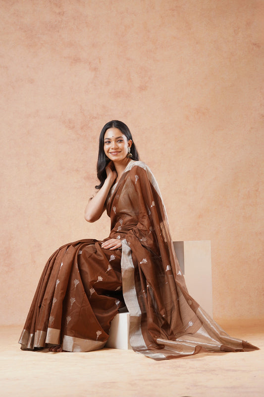 Brown Chanderi Cotton Silk Silver Zari Butta Saree (with blouse piece)