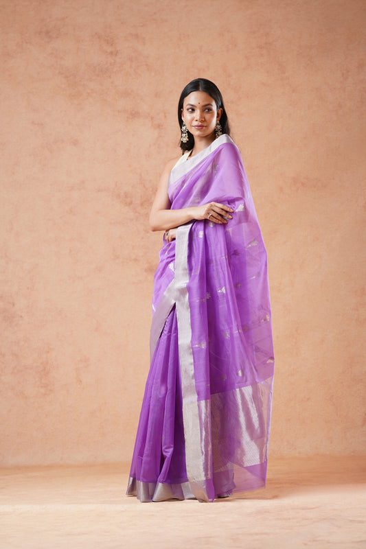 Lavender Chanderi Cotton Silk Silver Zari Butta Saree (with blouse piece)