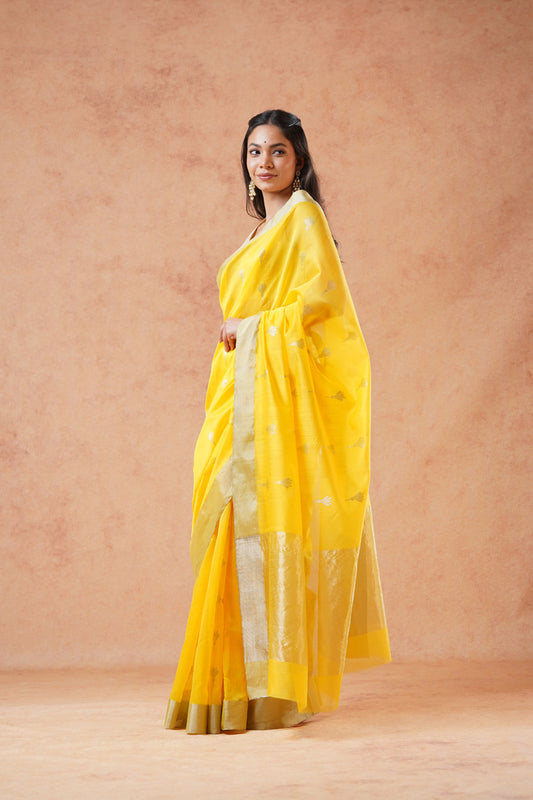 Yellow Chanderi Cotton Silk Silver Zari Butta Saree (with blouse piece)