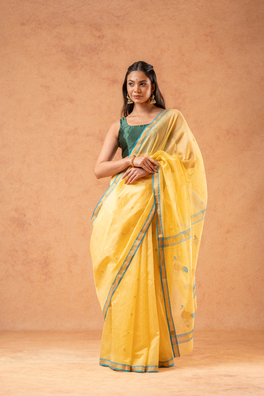 Harvest Gold Chanderi Cotton Silk Saree with Peacock Pallu Design (with blouse piece)