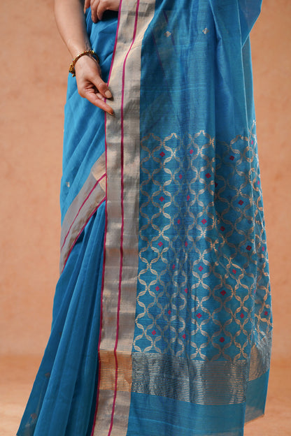 Blue Chanderi Cotton Silk Saree with Jaal Pallu (with blouse piece)