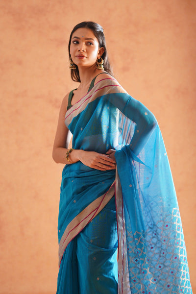 Blue Chanderi Cotton Silk Saree with Jaal Pallu (with blouse piece)