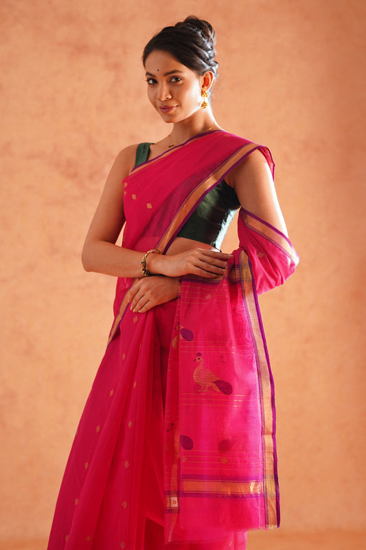 Rani Pink Chanderi Cotton Silk Saree with Peacock Pallu Design (with blouse piece)
