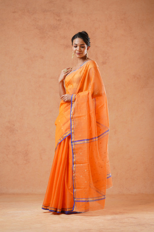 Orange Chanderi Cotton Silk Saree with Butti & Contrast border  (with blouse piece)