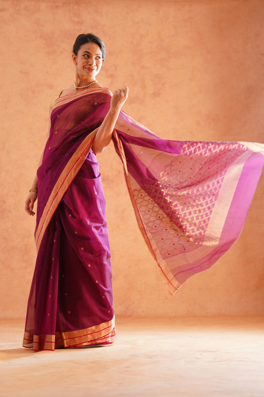 Magenta Chanderi Cotton Silk Saree with Jaal Pallu (with blouse piece)