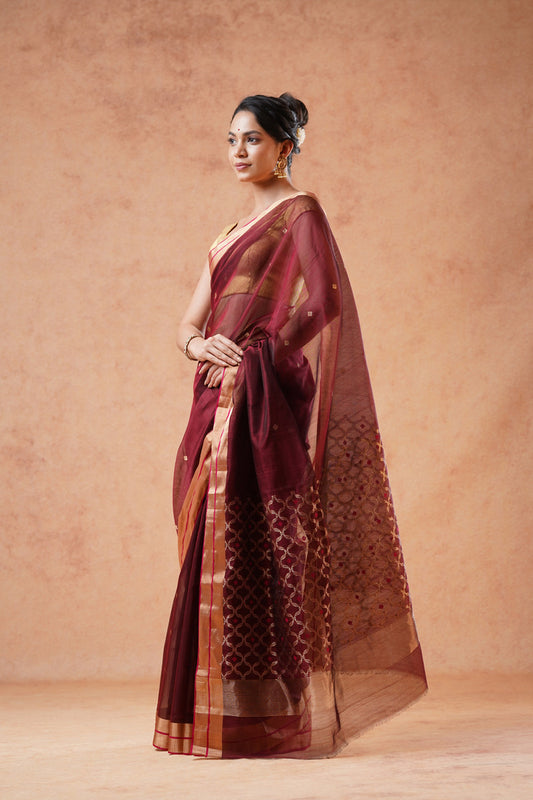 Maroon Chanderi Cotton Silk Saree with Jaal Pallu (with blouse piece)