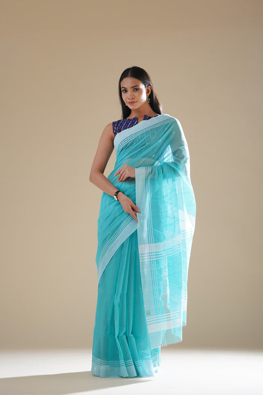 Aqua Teal Chanderi Cotton Silk Saree (without blouse piece)
