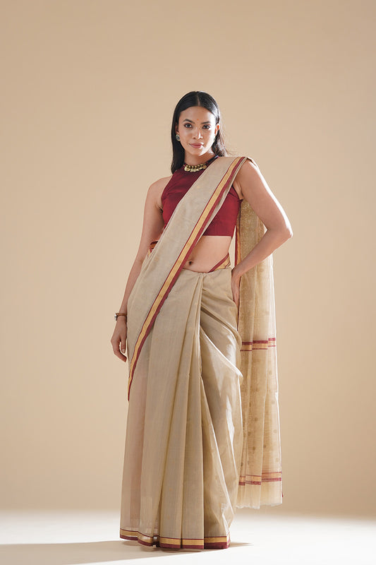 Light Brown Chanderi Cotton Silk Saree with Butti & Contrast border  (with blouse piece)