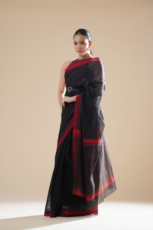 Black Chanderi Cotton Silk Saree (without blouse piece)