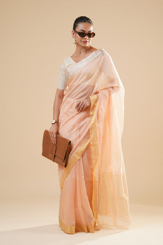 Peach Chanderi Cotton Silk Ganga Jamuna border Saree  (with blouse piece)