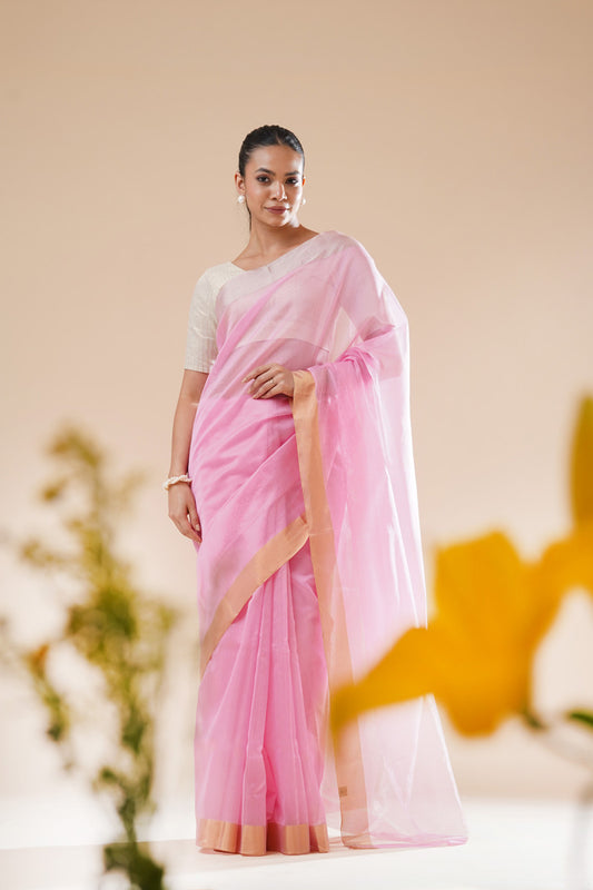 Light Pink Chanderi Cotton Silk Ganga Jamuna border Saree  (with blouse piece)