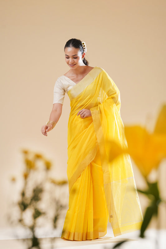 Light Yellow Chanderi Cotton Silk Ganga Jamuna border Saree  (with blouse piece)