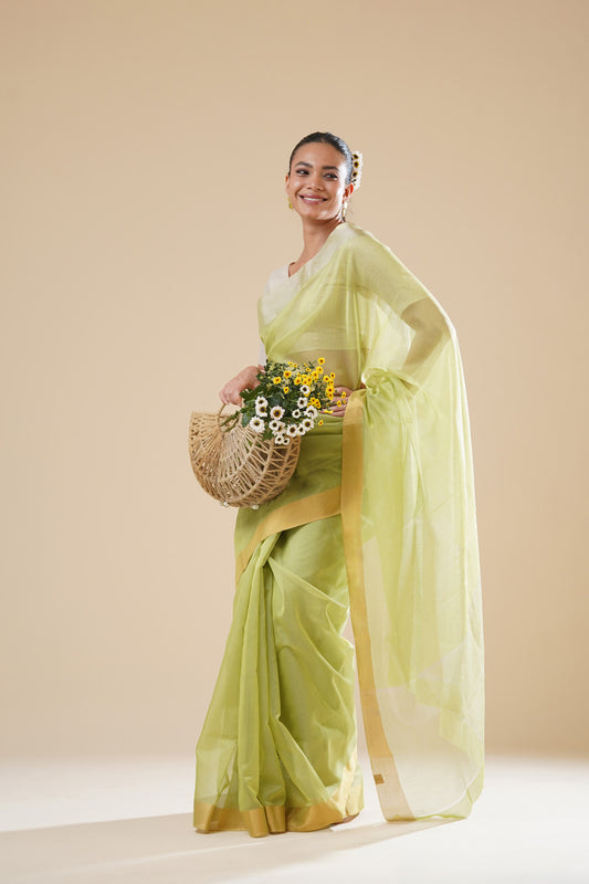 Light Green Chanderi Cotton Silk Ganga Jamuna border Saree  (with blouse piece)