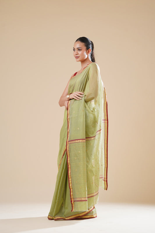 Mehendi Green Chanderi Cotton Silk Saree with Butti & Contrast border  (with blouse piece)